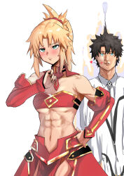 1boy 1girl abs absurdres black_hair blonde_hair blue_eyes blush breasts chaldea_uniform closed_mouth commentary_request detached_collar detached_sleeves fate/grand_order fate_(series) fujimaru_ritsuka_(male) green_eyes hand_on_own_hip highres jacket lipstick_mark lipstick_mark_on_face long_hair midriff mordred_(fate) mordred_(fate/apocrypha) muscular muscular_female navel pelvic_curtain ponytail ponzu_0419 short_hair small_breasts stomach sweatdrop white_jacket