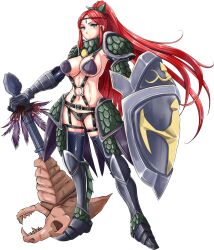 1girl abs animal_skull armor armpits artist_request bad_source black_panties blue_eyes breasts danan_(sennen_sensou_aigis) full_body game_cg holding holding_shield holding_weapon long_hair metal_gloves navel official_art panties red_hair revealing_clothes scale_armor sennen_sensou_aigis shield shoulder_armor solo third-party_source transparent_background underwear weapon