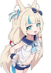 1girl ahoge animal_ears araimelon bikini blonde_hair blue_bikini blue_bow blue_eyes blue_hair blue_scrunchie bow breasts cat_ears commentary dress english_commentary fins fish_girl fish_tail hair_bow highleg highleg_bikini highres indie_virtual_youtuber lifebuoy_hair_ornament long_hair low_twintails multicolored_hair one_side_up open_mouth sameko_saba scrunchie short_shorts shorts sleeveless sleeveless_dress small_breasts smile solo streaked_hair swimsuit tail twintails very_long_hair virtual_youtuber white_dress white_shorts