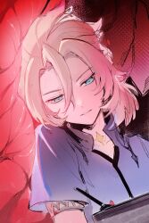 1boy absurdres albedo_(genshin_impact) blonde_hair blue_eyes blue_shirt genshin_impact glowing hair_between_eyes half-closed_eyes highres holding leaning_to_the_side male_focus parted_lips rock scar scar_on_neck shirt short_sleeves solo tiny_(0v0) upper_body