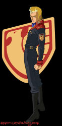 Rule 34 | 1boy, ammotu, black background, blonde hair, boots, commentary, deviantart username, emblem, english commentary, gundam, jerid messa, logo, looking at viewer, looking to the side, military uniform, photoshop (medium), pompadour, science fiction, signature, smirk, titans (gundam), zeta gundam