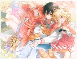 1boy 2girls baguette black_hair blonde_hair blue_eyes bread cat food guozi375 hair_ornament highres jacket long_hair multiple_girls one_eye_closed open_mouth orange_hair original pants red_eyes short_hair smile v