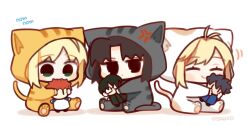 Rule 34 | 3girls, ahoge, anger vein, animal costume, animal ears, arcueid brunestud, artoria pendragon (fate), black hair, blonde hair, blush, cat costume, cat ears, cat tail, chibi, closed eyes, emiya shirou, fake animal ears, fake tail, fate/stay night, fate (series), green eyes, happy, highres, hug, kara no kyoukai, kokutou mikiya, multiple girls, oyankoa, ryougi shiki, saber (fate), smile, stuffed toy, tail, tohno shiki, tsukihime, type-moon heroines