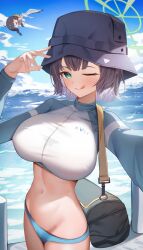 2girls absurdres bag bikini bird black_bag black_hat blue_archive blue_bikini blue_sleeves blush bow braid carrying carrying_person closed_eyes closed_mouth covered_erect_nipples cropped_jacket flying green_eyes green_halo halo hat highres holding holding_bag jacket licking_lips long_hair looking_at_viewer miyu_(blue_archive) miyu_(swimsuit)_(blue_archive) multiple_girls ocean one_eye_closed open_mouth purple_hair saki_(blue_archive) saki_(swimsuit)_(blue_archive) short_hair shuvi_(shuvi1125) smile straw_hat swimsuit tongue tongue_out twin_braids white_bikini white_bow white_jacket