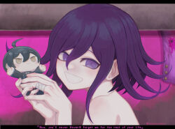 1boy bandaged_fingers bandages character_doll danganronpa_(series) danganronpa_v3:_killing_harmony doll english_text from_side grin hair_between_eyes holding holding_doll inukai_(inuuowoukai) oma_kokichi pink_background pink_eyes portrait purple_hair saihara_shuichi smile solo teeth