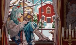 2girls absurdres animal_ears arknights bare_tree bear_ears black_jacket black_shoes black_skirt blonde_hair blue_flower blue_sky book braid building candle candlestand chinese_commentary commentary_request day drawing_(object) dress flower frilled_dress frilled_hairband frills from_side green_eyes green_hair gummy_(arknights) hair_flower hair_ornament hair_over_shoulder hairband heterochromia highres holding holding_book indoors istina_(arknights) jacket joseph_stalin long_hair long_sleeves mido_(mido_chen) multiple_girls open_book pantyhose picture_frame pleated_skirt profile puffy_long_sleeves puffy_sleeves quill red_hairband red_pantyhose ribbed_socks rosa_(arknights) rosa_(masterpiece)_(arknights) russian_text shawl shirt shoes single_braid sitting_in_window skirt sky sleeveless sleeveless_dress snow socks solo_focus tree white_flower white_shirt white_socks window