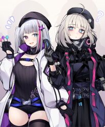 2girls ? aa-12_(girls&#039;_frontline) ahoge beret black_coat black_gloves black_hat black_shorts black_skirt black_thighhighs blue_eyes blush candy cellphone coat commentary commission cosplay costume_switch cowboy_shot english_commentary flip_phone food girls&#039;_frontline gloves hair_ornament hat heterochromia highres holding holding_candy holding_food holding_lollipop holding_phone hood hooded_coat lollipop long_hair looking_at_another mdr_(girls&#039;_frontline) multicolored_hair multiple_girls one_side_up open_mouth phone pink_eyes pink_hair second-party_source short_shorts shorts simple_background skirt smile star_(symbol) star_hair_ornament streaked_hair thighhighs useless_(102960190014) white_coat yellow_background