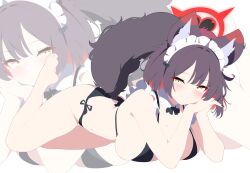 1girl absurdres alternate_costume alternate_hair_length alternate_hairstyle animal_ear_fluff animal_ears austsue bare_arms barefoot bikini black_bikini black_hair black_nails blue_archive blush breasts cleavage closed_mouth commentary_request fingernails fox_ears fox_girl fox_tail full_body grey_shorts halo highres korean_commentary large_breasts looking_at_viewer lying nail_polish on_stomach red_halo short_hair shorts side-tie_bikini_bottom simple_background smile swimsuit tail thighs toes wakamo_(blue_archive) white_background yellow_eyes zoom_layer