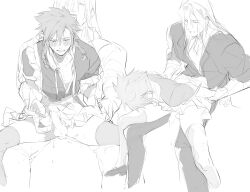 2boys anal blush braid closed_eyes cloud_strife crossdressing cum ejaculating_while_penetrated ejaculation erection final_fantasy final_fantasy_vii fui_(fui29493452) grabbing_another&#039;s_arm handsfree_ejaculation highres long_hair male_focus male_penetrated multiple_boys on_lap penis sephiroth sex sitting sitting_on_lap sitting_on_person sketch skirt spiked_hair spread_legs testicles thighhighs twin_braids yaoi