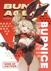 Rule 34 | 1girl, :d, absurdres, adapted costume, animal ears, belt around waist, black gloves, black leotard, black shirt, blonde hair, breasts, burnice white, character name, cleavage, cowboy shot, cropped shirt, elbow gloves, english text, fingerless gloves, gloves, highres, large breasts, leotard, looking at viewer, multicolored leotard, open mouth, playboy bunny, rabbit ears, red eyes, shirt, siriuflong, smile, solo, spiked belt, strapless, strapless leotard, two-tone leotard, two side up, underbust, zenless zone zero