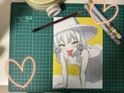 Rule 34 | 1girl, all fours, art tools in frame, ass, bikini, breasts, greyscale with colored background, hair ribbon, hat, highres, moriya suwako, parted bangs, ribbon, sidelocks, small breasts, smile, solo, spot color, swimsuit, tongue, tongue out, touhou, tumugihikari, yellow background, yellow eyes