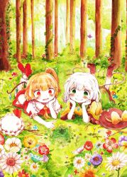 2girls ascot black_hat blonde_hair blush boots bow brown_boots bug butterfly buttons closed_mouth clover clover_(flower) collared_shirt commentary_request crystal crystal_wings diamond_button eyeball fang flandre_scarlet flower flower_request forest four-leaf_clover frilled_shirt_collar frilled_sleeves frills green_skirt grey_hair hat hat_bow head_rest highres insect komeiji_koishi long_hair lying mob_cap multicolored_wings multiple_girls mushroom nature on_grass on_ground on_stomach one_side_up open_mouth outdoors pointing purple_flower red_eyes red_flower red_shoes red_skirt red_vest shiro_tsugumi shirt shoes skin_fang skirt skirt_set smile socks third_eye touhou tree unworn_headwear vest white_flower white_hat white_shirt white_socks wings yellow_ascot yellow_bow yellow_flower yellow_shirt
