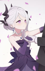 1boy 1girl absurdres blue_archive blush collarbone dress earrings elbow_gloves gem gloves highres hina_(blue_archive) hina_(dress)_(blue_archive) horns jewelry liago light_blush light_smile necklace pearl_necklace purple_dress purple_eyes purple_petals sensei_(blue_archive) smile tuxedo white_background white_gloves white_hair