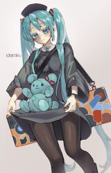 Rule 34 | 1girl, absurdres, aqua eyes, aqua hair, black dress, black pantyhose, clothes lift, dress, dress lift, hat, hatsune miku, highres, idamaria, lifting own clothes, long hair, looking at viewer, pantyhose, smile, solo, stuffed toy, twintails, very long hair, vocaloid