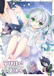 1girl 3boys alternate_costume animal_ears arm_up barefoot black_hair black_hood black_hoodie blue_eyes blunt_ends blush bright_pupils bubble_tea card casual colored_tips contemporary cover cross-shaped_pupils crossed_bangs cup cyno_(genshin_impact) dark-skinned_male dark_skin disposable_cup dress drinking drinking_straw eyelashes eyeliner eyeshadow fox_ears frilled_dress frills genius_invokation_tcg genshin_impact green_eyes green_hair green_ribbon green_shirt green_undershirt hair_between_eyes hair_ornament hair_over_one_eye hair_ribbon hat hawaiian_shirt highres holding holding_card hood hood_down hoodie lapels leaf leaf_hair_ornament long_hair looking_at_viewer looking_back makeup multicolored_hair multiple_boys nahida_(genshin_impact) open_hand open_mouth parted_bangs pointy_ears purple_shirt red_eyeliner red_eyes red_eyeshadow ribbon scaramouche_(genshin_impact) shirogane_hina shirt side_ponytail sidelocks sleeveless sleeveless_dress smile straw_hat streaked_hair symbol-shaped_pupils teeth tighnari_(genshin_impact) upper_teeth_only wanderer_(genshin_impact) white_dress white_hair white_pupils yellow_pupils