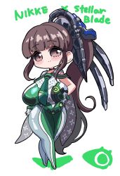 1girl black_eyes black_hair bodysuit breasts eve_(stellar_blade) female_focus full_body green_bodysuit green_necktie headgear huge_breasts looking_at_viewer matching_hair/eyes necktie ponytail smile solo stellar_blade white_background zakuroten