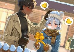 Rule 34 | 2boys, bags under eyes, beanie, black eyes, black hair, blue eyes, blush, building, coat, cup, curly hair, dark-skinned male, dark skin, disposable coffee cup, disposable cup, dungeon meshi, elf, gloves, grey hair, hat, highres, holding, holding cup, kabru, lazy eye, long sleeves, male focus, mayomayoland, mithrun, multiple boys, notched ear, open mouth, outdoors, pointy ears, pom pom (clothes), pom pom beanie, scarf, short hair, smile, snow duck, snow on clothes, snow on headwear, snowing, speech bubble, sweatdrop, sweater, turtleneck, turtleneck sweater, uneven eyes, winter, winter clothes