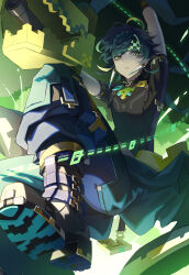 Rule 34 | 1boy, absurdres, arm up, boots, commentary request, earrings, genshin impact, green hair, green headband, green pants, green shirt, haru same322, headband, highres, jewelry, kinich (genshin impact), looking at viewer, looking down, male focus, pants, parted lips, shirt, short hair, solo, spiked ear piercing