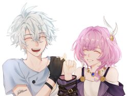 1boy 1girl black_gloves coat commentary cyrene_(honkai:_star_rail) dress english_commentary gloves hair_ornament highres honkai:_star_rail honkai_(series) jewelry mmokuseii necklace open_mouth partially_fingerless_gloves phainon_(honkai:_star_rail) pink_hair pinky_swear purple_coat shirt short_hair simple_background smile upper_body white_background white_dress white_hair white_shirt