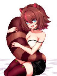 Rule 34 | 1girl, :d, absurdres, animal ears, bandaid, bandaid on face, bandaid on nose, bare arms, bare shoulders, black choker, black shorts, blue eyes, blush, breasts, brown hair, brown thighhighs, choker, cleavage, collarbone, colored inner hair, fang, hair between eyes, head tilt, highres, hugging own tail, hugging tail, large breasts, looking at viewer, multicolored eyes, multicolored hair, off shoulder, open mouth, owozu, raccoon ears, raccoon girl, raccoon hat, raccoon tail, rakkun sutaru, rakkun sutaru (2nd costume), red eyes, red hair, shirt, short hair, short shorts, shorts, sidelocks, skin fang, skindentation, slash-ex, sleeveless, sleeveless shirt, smile, solo, streaked hair, tail, thighhighs, thighs, two-tone hair, virtual youtuber, white shirt