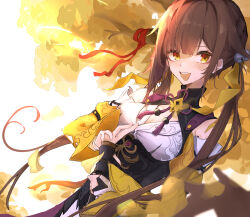 1girl :d bare_shoulders bell breasts brown_eyes brown_hair chinese_clothes cleavage clothing_cutout commentary_request hair_bell hair_ornament hair_ribbon highres holding holding_sword holding_weapon honkai:_star_rail honkai_(series) hukube_kanchou long_hair long_sleeves looking_at_viewer open_mouth outdoors red_ribbon ribbon shoulder_cutout smile solo sushang_(honkai:_star_rail) sword tree twintails weapon yellow_ribbon yellow_sleeves