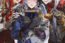 3boys argenti_(honkai:_star_rail) armor belt black_gloves black_hair black_jacket blue_jacket book boothill_(honkai:_star_rail) brown_belt cape commentary_request crossed_arms cyborg earrings feathered_wings gauntlets gloves gold_earrings grey_armor grey_hair hand_up hands_on_another&#039;s_shoulder holding holding_book holding_ticket honkai:_star_rail honkai_(series) hug jacket jewelry knight long_hair long_sleeves male_focus mechanical_hands multicolored_hair multicolored_jacket multiple_boys nervous obibi1105 open_clothes open_jacket open_mouth purple_shirt red_cape red_hair sharp_teeth shirt short_hair shoulder_armor sidelocks simple_background smile sparkle sunday_(honkai:_star_rail) sweatdrop teeth ticket two-tone_hair two-tone_jacket upper_body watermark white_armor white_background white_hair white_jacket wings zipper