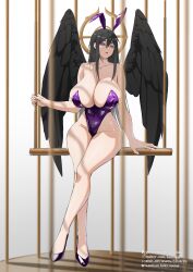 1girl alternate_costume animal_ear_hairband animal_ears bare_legs birdcage black_wings bluesky_username blurry blurry_foreground breasts bright_pupils cage collarbone covered_navel darkautism depth_of_field fake_animal_ears feathered_wings full_body groin hairband halo highleg highleg_leotard highres huge_breasts in_cage last_origin leotard long_hair looking_to_the_side patreon_username pixiv_username playboy_bunny purple_eyes purple_leotard purple_shoes rabbit_ear_hairband rabbit_ears saraqael_(last_origin) shoes skindentation solo straight_hair strapless strapless_leotard twitter_username very_long_hair white_pupils wings