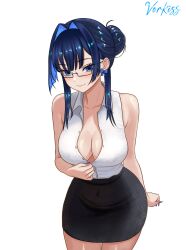1girl artist_name black_skirt blue_eyes blue_hair bow bow_earrings breasts cleavage collared_shirt earrings fingernails glasses hair_bun hair_intakes hashtag-only_commentary highres hololive hololive_english jewelry large_breasts long_fingernails looking_at_viewer ouro_kronii pencil_skirt shirt simple_background skirt sleeveless sleeveless_shirt solo virtual_youtuber vorkiss white_background white_shirt