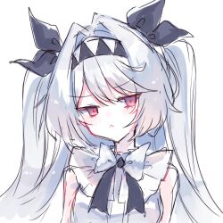 1girl :&lt; black_bow black_bowtie bow bowtie closed_mouth hair_bow highres ice_blue_rose lilith_(the_noextistencen_of_you_and_me) long_hair looking_at_viewer portrait red_eyes sidelocks simple_background solo the_noexistencen_of_you_and_me two-tone_bow two-tone_bowtie two_side_up v-shaped_eyebrows very_long_hair white_background white_bow white_bowtie white_hair