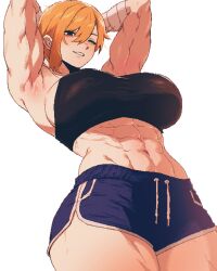 1girl abs absurdres arm_behind_head armpits bandaged_arm bandages blonde_hair blue_shorts breasts brown_eyes from_below highres large_breasts looking_down midriff muscular muscular_female one_eye_closed original short_hair shorts sideboob smile spoiledmuffin teeth thick_thighs thighs white_background