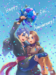2boys :d anniversary arm_around_shoulder bead_necklace beads black_shirt blue_background blue_eyes blue_flower blue_hair blue_pants blue_rose bouquet brown_gloves brown_hair brown_trim camus_(dq11) carrying carrying_person commentary_request confetti couple cross-laced_clothes dragon_quest dragon_quest_xi earrings fingerless_gloves floating_clothes flower gloves gold_earrings gradient_background green_tunic hand_tattoo happy_anniversary hero_(dq11) highres holding holding_bouquet hoop_earrings jewelry koshi_(meermisa) looking_at_viewer looking_to_the_side male_focus medium_hair multiple_boys necklace open_mouth orange_socks pants parted_hair princess_carry purple_flower purple_rose purple_tunic red_sash ring rose sash shirt short_hair single_bang smile socks tattoo tunic twitter_username wedding_ring white_flower white_rose yaoi