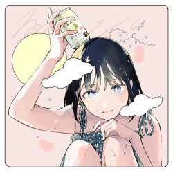 1girl arm_up black_hair blue_eyes can cloud dress drink_can freckles hand_on_own_knee head_tilt highres holding holding_can knees_up light_frown looking_at_viewer moon object_on_head original ribbon sakurada_reiko sleeveless sleeveless_dress soda_can solo