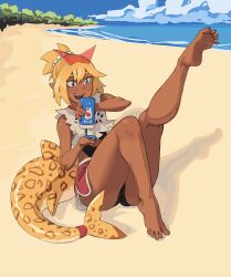 absurdres animal_print ass bare_shoulders beach blonde_hair blue_eyes blue_sky blush bottle cloud cloudy_sky dark-skinned_female dark_skin feet fins fish_tail highres kamina_shades leopard_print leopard_tail lotion nails ocean open_mouth original piku184 sand shark_girl shark_tail sharp_teeth shorts simple_background sky smile soles sunglasses_on_head tail teeth toes yellow_tail