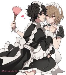 2boys akechi_gorou alternate_costume amamiya_ren black_eyes black_hair blush bright_pupils brown_hair closed_mouth highres holding_hands juliet_sleeves long_sleeves maid maid_headdress multiple_boys persona persona_5 puffy_sleeves red_eyes short_hair simple_background smile trap white_background white_pupils yaoi zozakura