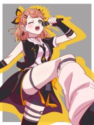 1girl ;d aqua_eyes asymmetrical_legwear bike_shorts bike_shorts_under_skirt black_jacket black_necktie black_shorts black_skirt border breasts choker collared_shirt commentary cowboy_shot drop_shadow earrings grey_background hair_ornament highres hinoshita_kaho holding holding_microphone i_do_me!_(love_live!) jacket jewelry leg_up link!_like!_love_live! looking_at_viewer loose_socks love_live! medium_breasts medium_hair microphone miniskirt mismatched_legwear multiple_thigh_straps myrain56991013 necktie o-ring o-ring_choker official_alternate_costume one_eye_closed open_clothes open_jacket open_mouth orange_hair outside_border pleated_skirt shirt short-sleeved_jacket short_sleeves shorts shorts_under_skirt simple_background single_earring single_loose_sock single_sleeve skirt smile socks solo upskirt virtual_youtuber white_border white_shirt white_socks x_hair_ornament