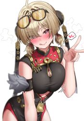 1girl :q absurdres ahoge blonde_hair blush breasts bun_cover china_dress chinese_clothes cleavage cleavage_cutout clothing_cutout cutout_above_navel double_bun dress eyewear_on_head green_tea_(matchaistasty) hair_bun hair_intakes heart heart-shaped_pupils heavy_breathing highres large_breasts linea_alba looking_at_viewer medium_hair motion_lines purple_eyes short_twintails solo speech_bubble spoken_heart sunglasses sweat sweety_(zenless_zone_zero) symbol-shaped_pupils tongue tongue_out twintails w yum_cha_sin_shopkeeper zenless_zone_zero