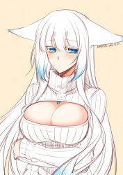 Rule 34 | 1girl, animal ears, blue eyes, blush, breasts, cleavage, cleavage cutout, closed mouth, clothing cutout, dated, ears down, female focus, fox ears, gradient hair, hair between eyes, jewelry, konshin, large breasts, long hair, long sleeves, looking at viewer, meme attire, multicolored hair, necklace, open-chest sweater, orie mishiro, original, ribbed sweater, short eyebrows, signature, solo, sweater, upper body, white hair