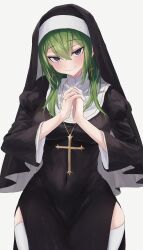 1girl absurdres closed_mouth covered_navel green_hair highres looking_at_viewer muginosa nun own_hands_clasped own_hands_together smile solo sousou_no_frieren ubel_(sousou_no_frieren)