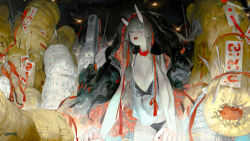 1girl absurdres artist_name black_bra black_jacket black_panties black_sky blonde_hair bra breasts broken_horn cleavage collar commentary english_commentary from_below highres horns jacket jacket_on_head large_breasts leaning_forward long_hair looking_up loose_clothes ofuda oni open_mouth original panties seok98 shirt sky solo tank_top teeth thighhighs tongue underlighting underwear upper_teeth_only white_tank_top white_thighhighs