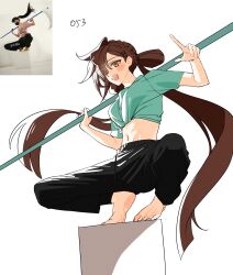 1girl alternate_costume barefoot black_pants blush braid brown_hair crop_top full_body green_shirt hair_bun hair_over_one_eye highres holding holding_staff honkai_(series) honkai_impact_3rd li_sushang long_hair looking_at_viewer navel orange_eyes pants photo-referenced pointing seza_(enlwnaos) shirt side_braid smile squatting staff teeth upper_teeth_only white_background