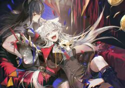 2girls absurdres akekaede824 animal_ears arknights black_boots black_hair bolo_tie boots chromatic_aberration closed_mouth commentary confetti crossed_bangs gloves hair_between_eyes highres knee_boots lappland_(arknights) lappland_(refined_horrormare)_(arknights) long_hair looking_at_viewer mask material_growth multiple_girls open_mouth orange_eyes oripathy_lesion_(arknights) scar scar_across_eye scar_on_face star_(symbol) teeth texas_(arknights) texas_the_omertosa_(arknights) unworn_mask white_eyes white_hair wolf_ears wolf_girl yellow_gloves