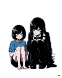 2girls absurdres ado_(utaite) barefoot black_hair blue_eyes chando_(ado) f.w.zholic highres long_hair multiple_girls short_hair shorts simple_background smile white_background