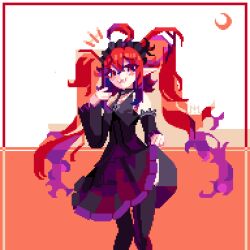 ahoge bare_shoulders bloodtana blue_heater_2 bow bracelet clothes_lift gothic_lolita hairband highres jewelry lolita_fashion lolita_hairband non-web_source normalpixel pixel_art red_eyes red_hair roblox simple_background skirt skirt_lift skull_ornament smug spiked_bracelet spikes twintails