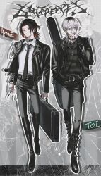 Rule 34 | 2boys, akane (st31010), belt, belt collar, black belt, black boots, black collar, black hair, black jacket, black nails, black necktie, black pants, black shirt, blonde hair, boots, chain, chain necklace, character name, cigarette, collar, collared shirt, commentary, cross, cross earrings, cross necklace, drop shadow, ear piercing, earrings, full body, guitar case, hair between eyes, hand in pocket, highres, holding, holding case, holding cigarette, instrument case, jacket, jewelry, long sleeves, looking at viewer, looking to the side, male focus, multicolored hair, multiple boys, necklace, necktie, open clothes, open jacket, open mouth, original, outline, pants, piercing, red eyes, red hair, shirt, smoking, st31010, standing, symbol-only commentary, toi (st31010), two-tone hair, unzipped, white outline, white shirt