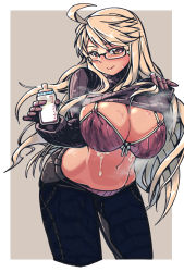 1girl alma_armas blonde_hair bottle bra lactation breasts cleavage clothes_lift denim flashing glasses highres huge_breasts jeans linea_alba looking_at_viewer milk milk_bottle navel orange_eyes panties pants smile soaked sweat sweater sweater_lift tan underwear va-11_hall-a wet wet_bra wide_hips