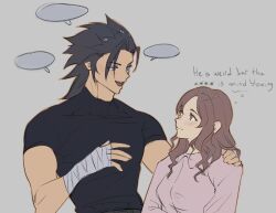 Rule 34 | 1boy, 1girl, arm around shoulder, bandaged hand, bandages, black hair, black shirt, blue eyes, breasts, brown eyes, brown hair, cissnei, closed mouth, collared shirt, commentary, couple, crisis core final fantasy vii, english commentary, final fantasy, final fantasy vii, final fantasy vii rebirth, final fantasy vii remake, grey background, hair between eyes, hair slicked back, hetero, light blush, long hair, looking at another, medium breasts, medium hair, muscular, muscular male, open mouth, parted bangs, pink shirt, shirt, short sleeves, smile, talking, upper body, wavy hair, zack fair, zakushisu