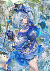 1boy 1girl alternate_costume ascot asymmetrical_gloves bare_shoulders black_gloves black_straps blubberbeast_(genshin_impact) blue_dress blue_eyes blue_gemstone blue_hair blue_headwear breasts detached_collar dress drop-shaped_pupils floating_hair frills furina_(genshin_impact) gem genshin_impact gloves gradient_ascot hat highres holding holding_sword holding_weapon left-handed leisurely_otter_(genshin_impact) long_hair long_sleeves looking_at_viewer low-tied_long_hair mismatched_pupils neuvillette_(genshin_impact) off_shoulder open_mouth otter small_breasts smile solo_focus sword symbol-shaped_pupils thigh_strap top_hat torino_aqua weapon white_gloves