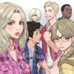 Rule 34 | 3boys, 3girls, 5tatsu, artist name, becca woolett, blonde hair, blue eyes, blue jacket, braid, breasts, brown eyes, clenched hand, clenched teeth, closed mouth, collared shirt, crop top, dark-skinned male, dark skin, dated, denim, furrowed brow, glasses, grey shirt, grin, hair over one eye, hair over shoulder, hand on own chest, highres, hood, hood down, hoodie, jacket, january van sant, jewelry, letterman jacket, long hair, martin sandwich, medium breasts, multiple boys, multiple girls, open mouth, parted bangs, parted lips, pink shirt, plaid clothes, plaid shirt, red hoodie, resident evil, resident evil: resistance, samuel jordan, shirt, shirt under shirt, short hair, short sleeves, shorts, single braid, smile, sweatdrop, teeth, tyrone henry, upper body, valerie harmon, very short hair, vest, wide-eyed, yellow jacket