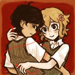 2boys alternate_eye_color basil_(faraway)_(omori) basil_(omori) black_eyes black_hair blonde_hair collared_shirt flower green_sweater_vest hair_flower hair_ornament highres male_focus multiple_boys omori open_mouth ottie_pops shirt short_hair short_sleeves string string_of_fate sunny_(omori) sweat sweater_vest teeth upper_teeth_only white_shirt
