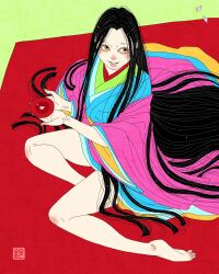 1girl absurdres artist_logo barefoot black_hair blue_kimono brown_eyes green_kimono highres japanese_clothes kimono layered_kimono logo long_hair looking_at_viewer original pink_kimono red_kimono sei5osuzuki sitting smile soles solo very_long_hair yokozuwari